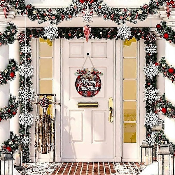 Merry Christmas Dekorationer Hængende Merry Christmas Vægdekorationer Rustik Stil Træ Plaid Krans Juledekorationer