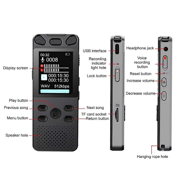 Stemmeoptager Aktiveret Digital Lydoptager 16GB USB Optag Non-Stop 120 Timer Støjreduktion