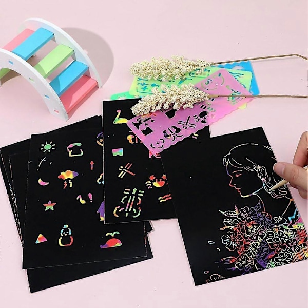 Scratch Paper Kunstsett, Svart Håndverksett for Gaver DIY Malingspill Bursdag Jul Lekegaver