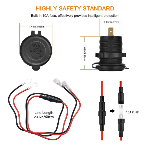 2x 12v usb-uttak, dobbel Qc 3.0 usb-billader med bryter, 36w usb vanntett strømuttak Fast Ch