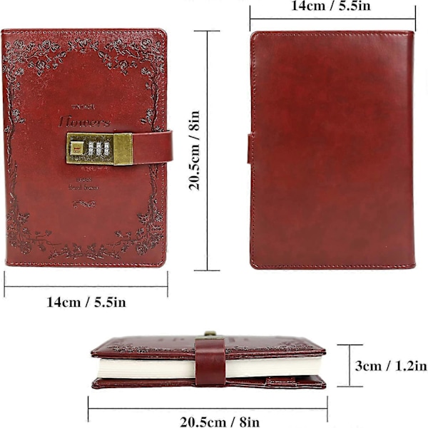 Blomster Læder Journal med Lås Skrive Dagbog Notesbog Kombination Adgangskode Linjeret Genopfyldeligt Papir 200 X 140 Mm (rød)
