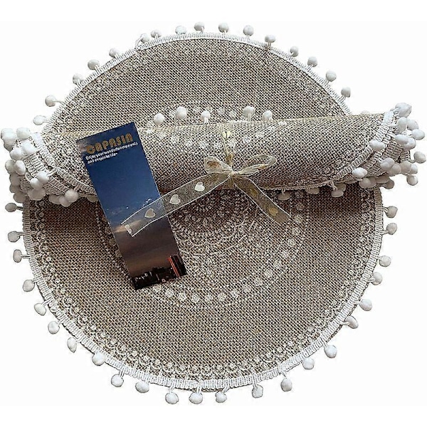 White Ball C Boho Spisebordsett med 4 Runde Bordbrikker for Vinter Spisestue Middag Moderne Beige Flettet Bord og Løper Høst Sirkel Kjøkken Plac