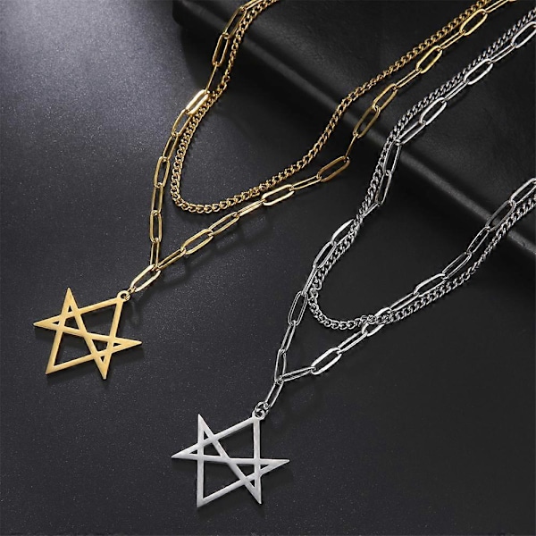 1 st. Grekisk Unicursal Hexagram Symbol Hänge Halsband Rostfritt Stål Dubbelkedja Emblem Amulett Talisman Tecken Hindu Smycken