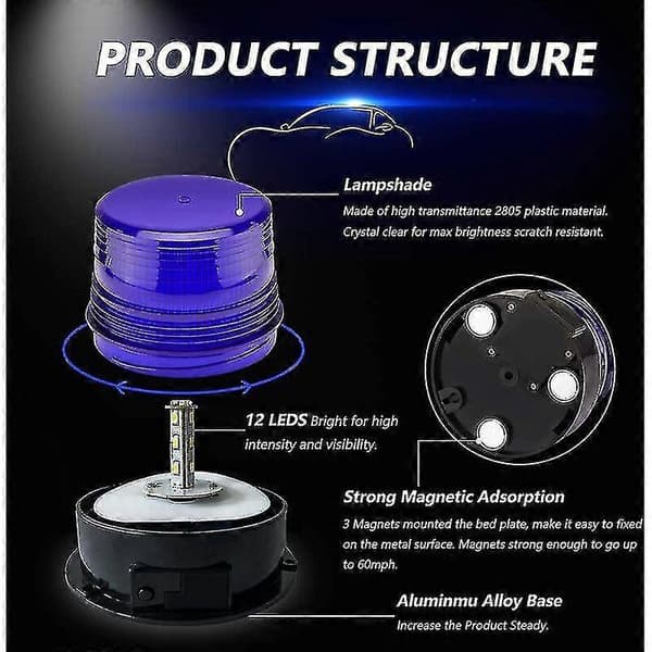 (Blått lys) 12V LED Strobelys Magnetisk Blinkende Varsellys