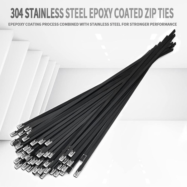 Metal lynlåsbånd sort 100 stk 11,8 tommer 304 rustfrit stål epoxybelagt kabelbinder til maskiner, køretøjer
