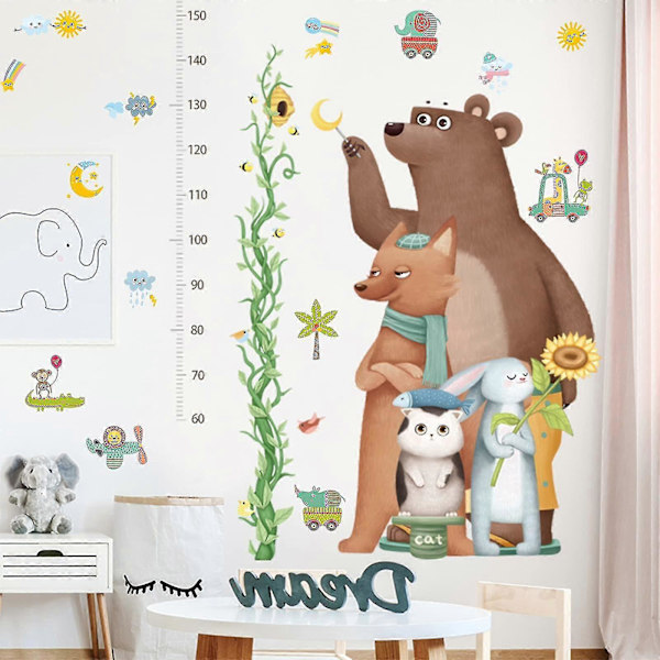 Baby Høydevekstdiagram Dyr Veggklistremerke For Barn, Søt Bjørn Kanin Katt Rev Grønne Planter Barn Tapet Dekaler