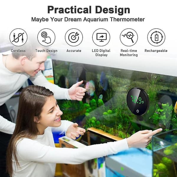 Akvarium Termometer Digital, Genopladeligt Trådløst Akvarium Termometer, Klæbe-på Cirkel Led Terrarium Termometer