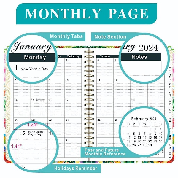2024 Planner, 12-måneders Ugentlig Månedlig Planner Fra Jan. til Dec. 2024, 8,5x6,2 tommer, Spiral Planner Ikke