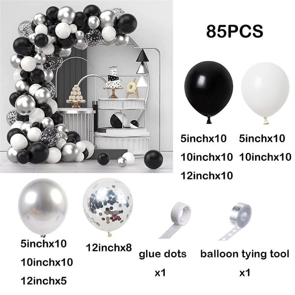 Elegant 85 stk svart og sølv ballongkranssett - Lateksballonger av høy kvalitet