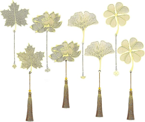 8-pack Metall Bokmärken Set, Guldblad Bokmärke Med Kedja
