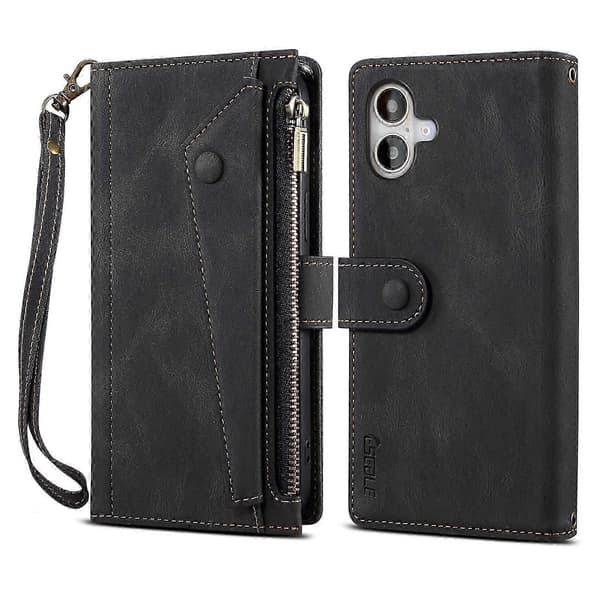 Til iPhone 16 Plus Etui Lynlås Pung Læder Støtteben Telefon Cover