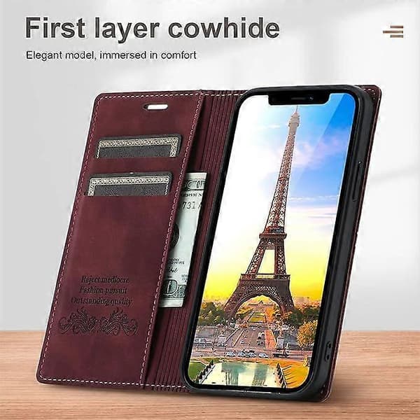Etui til iPhone 13 Pro Max med kortholder, rødt PU-lær, lommebok-flip til Apple iPhone 6,7 tommer