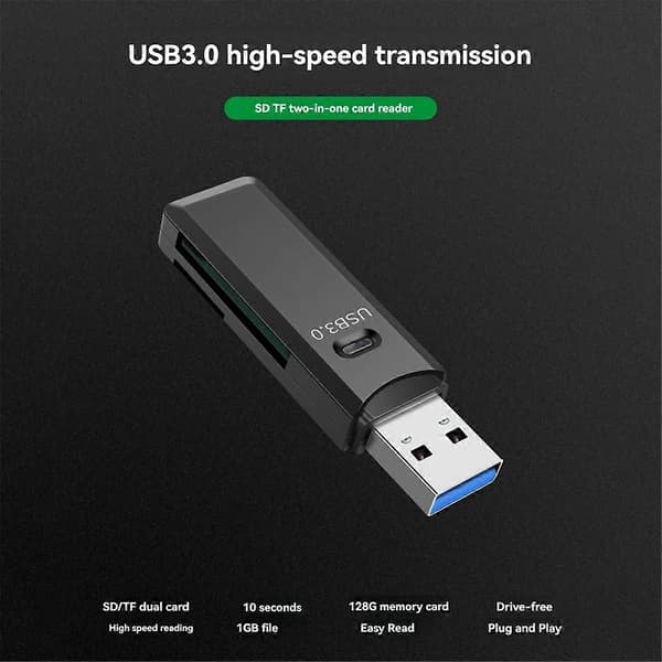2 i 1 USB 3.0 Kortlæser TF/SD Kortlæser Højhastigheds Dataoverførsel Smart Kortlæser til PC L