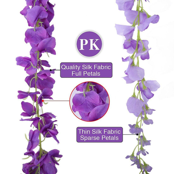 Kunstig Silke Wisteria Vine Ratta Silke Hængende Blomst Bryllupsdekoration, 6 Stykker, (lilla)