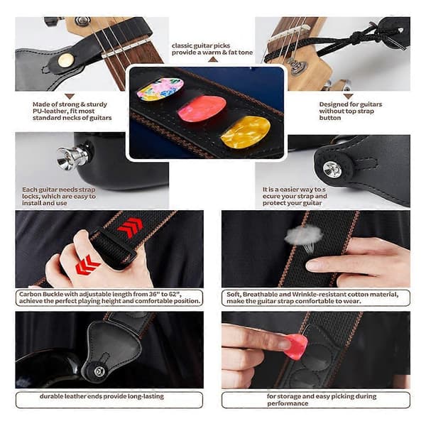 Folk Guitar Elektrisk Guitar Bas Ren Bomuld Rem med Hovedplade Pick-Sort