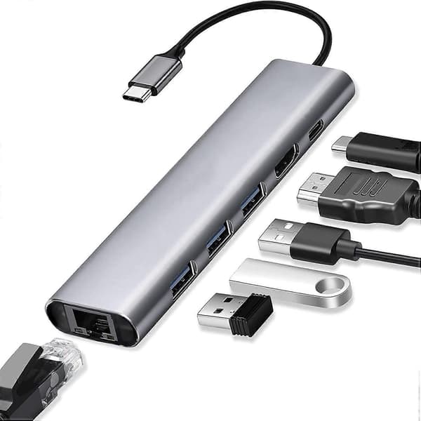 Liuhe 1 Ekspansjonsdokk Type-C til RJ45 gigabit USB3.0 *3 med PD65W hurtiglading multi-funksjons hub