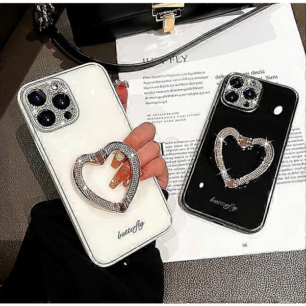 Kompatibelt med iPhone 11 Pro Skal för Tjejer Kvinnor Sött Glitter Strass Plätering Skal med Hjärta Vikbart Ställ Hållare Hård PC Baksida Mjuk TPU Stötfångare