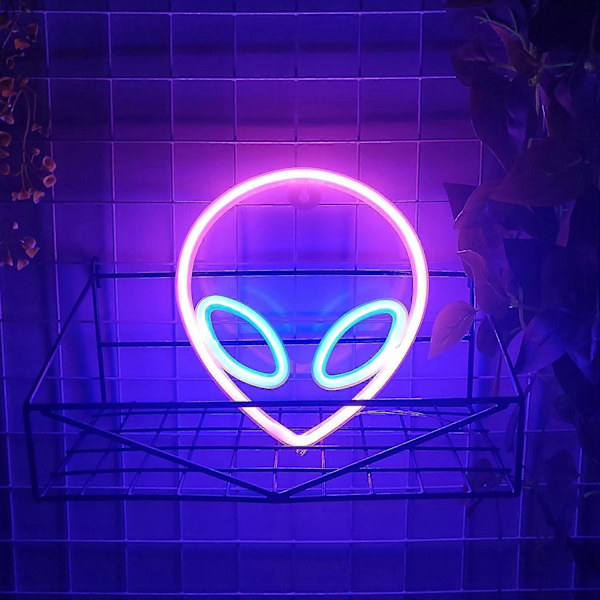 Alien Neonskylt, USB eller 3-AA Batteridriven Neonlampa, LED Bordsdekoration, Sovrumsväggdekoration, Födelsedagspresent (rosa+blå)