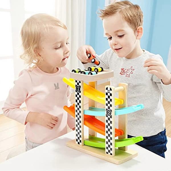 Legetøj til småbørn 1-2 år, drenge og piger, træracerbane med 4 små biler