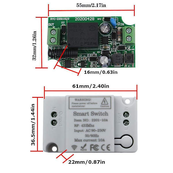 433mhz Universal Trådløs RF Fjernkontroll Vifte Lampe Lysbryter 10a Reléutgang Radio Ac 220v 1ch