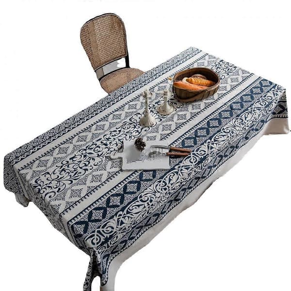 Dug, 100% bomuld og linned Boho rektangulær dug, håndbloktrykt blomstret dug til spisebord, fester, bryllup, jul, udendørs,