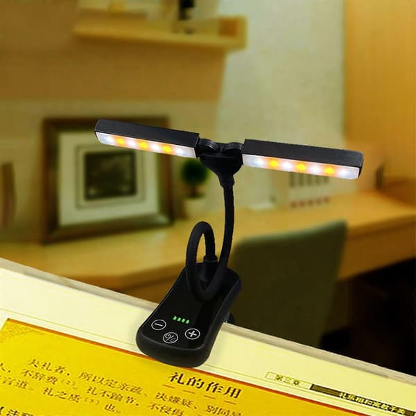 LED Skrivebordslampe med Dobbel Hode, Fleksibel Klype-boklampe, 3 Farger & Progressiv Dimming Øyebeskyttelse Leselys