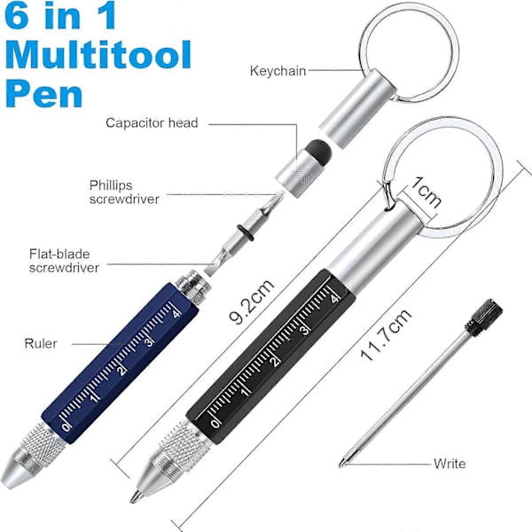 6 i 1 Multi Værktøjs Pen til Mænd Inkluderer Kuglepen, Touchscreen Stylus, Lineal, Nøglering, Flad og Stjerneskruetrækker (Sort+Blå)