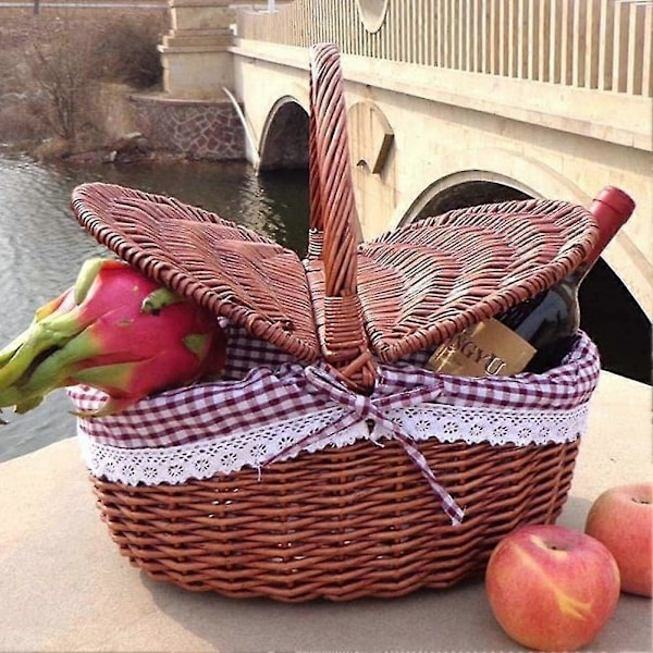 Vävd Picknickkorg i Flätad Vide med Lock - Lantlig Stil med Röd- och Vitrutig Bomullsfoder - Presentkorg