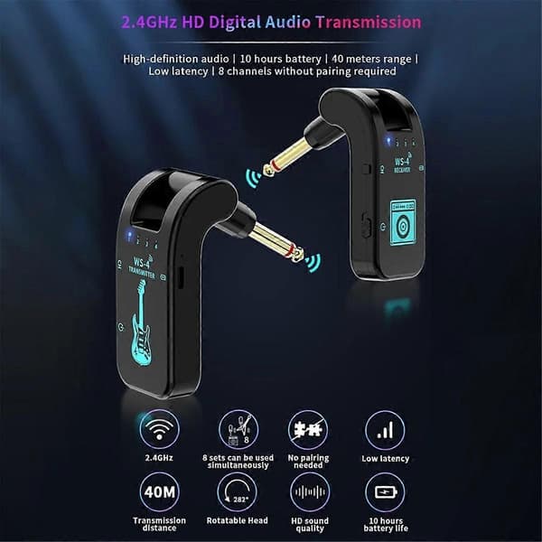 2,4G Trådløst Gitar System Oppladbart Gitar Sender Mottaker 48K/16bit Realtids Transmisjon