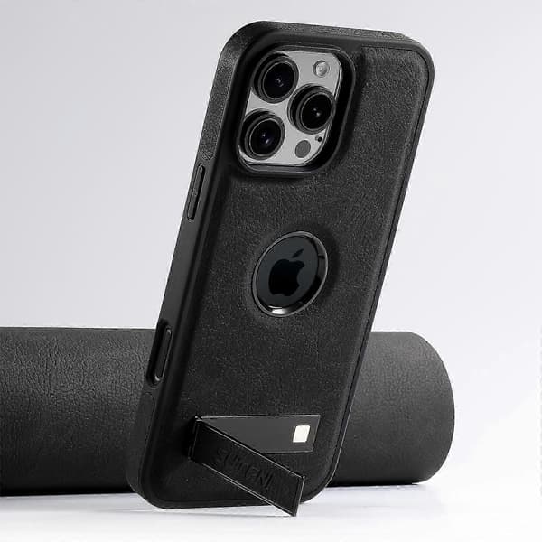Magnetisk etui med støttefod i litchi-tekstur læder + TPU-cover til iPhone 16 Pro Max