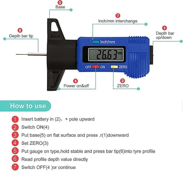 Digital Dækmønsterdybdemåler Caliper LCD 0-25,4 mm Digital Dækmønsterdybdemåler (blå)