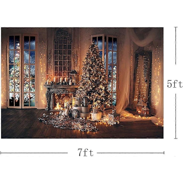7x5ft Julgran String Lights Bakgrunder Eldstad Ljus Gåvor Fönster Fotografi Bakgrund Rustik Brun Trävägg Vinter Semester