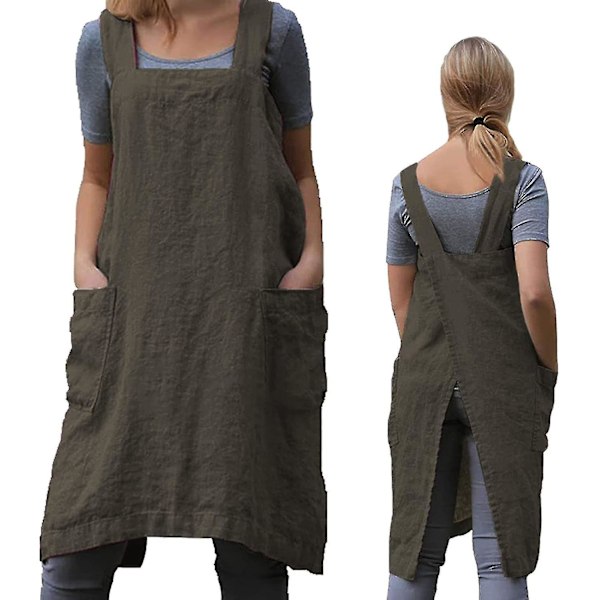 Gardening Apron Women's Cross Back Apron With Pockets Japanese Apron For Work Gardening Cooking Painting Baking