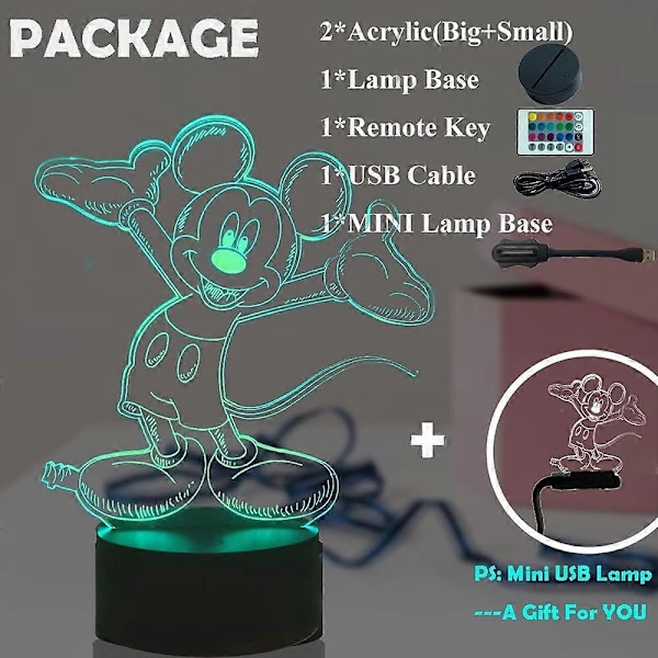 SBSG Mikke Mus Minnie Mus 3D Nattlys 16 Fargeskiftende Auto-Flash LED Skrivebordslampe Leker