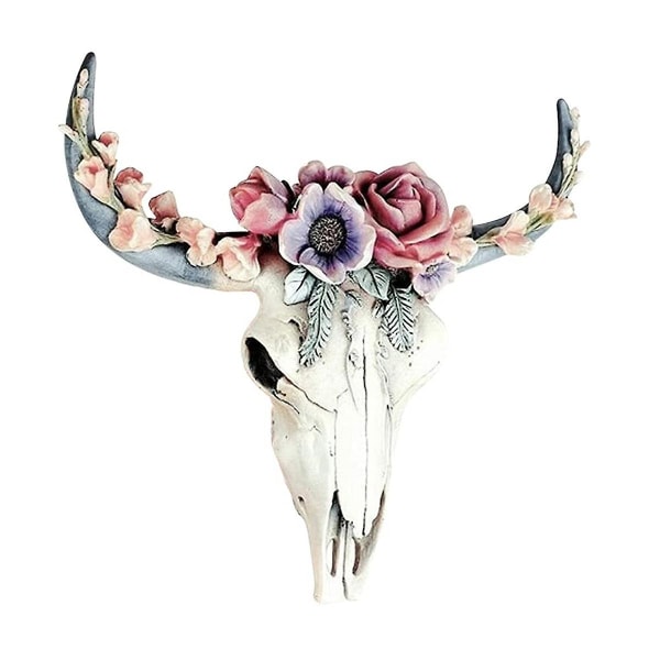 Harpiks Longhorn Cow Skull Head Vegghengende Dekor,blomst Cow Skull Veggdekor Barnehage Dekor Harpiks Eller