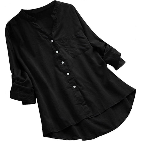 WJ Kvinner Casual Solid Lin Skjorte Høy Lav Bluse Knapp Ned Lang Erme Tunika Skjorte S-5XL