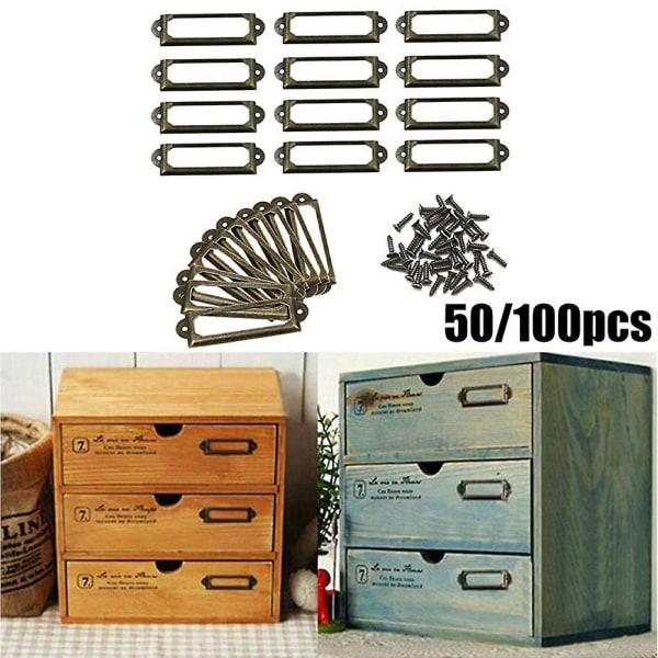 100 stk Antikk Messing Jern Skuffe Skap Etikett Trekk Ramme Håndtak Kort Holder Møbel Hardware For Skap Skuffe Boks Sak
