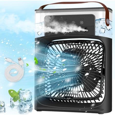 (Sort) Bærbar aircondition, mini luftkøler, mini aircondition ventilator, luftkøleventilator med 3 hastigheder, timer, 7 LED-lys, tågetilstand