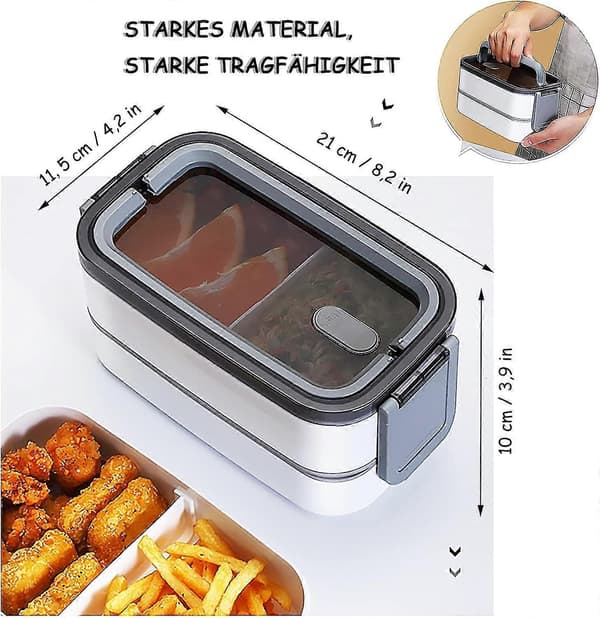 Matboks, Bento Boks med Skjeer og Spisepinner, Romdeler, Mikrobølgesikker, Grå