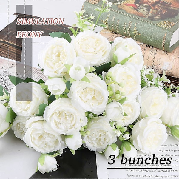 3 st Konstgjorda Blommor Pion Buketter Dekor, 15 Pionblommor, vit