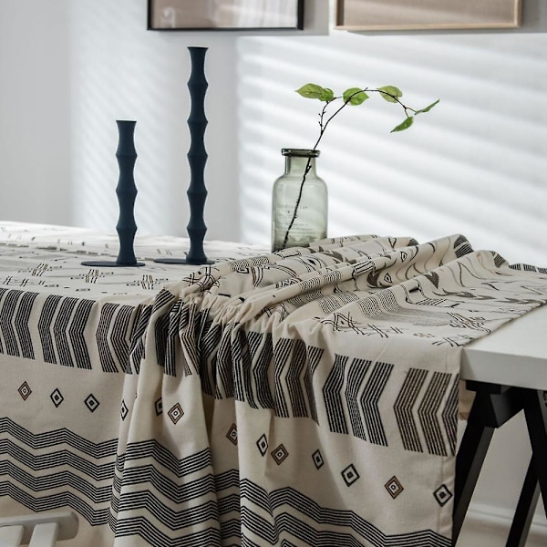Bordsduk, rektangulär linneduk Boho Farmhouse kraftigt tyg bordsöverdrag, säckvävsrandig geometrisk tvättbar bordsskiva för fester kaffe kök