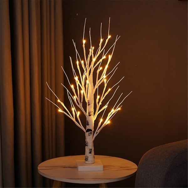 Pöytäpuu, valkoinen puu LED-valoilla, lämmin valkoinen pienet puuvalot akkukäyttöinen ajastin, valo