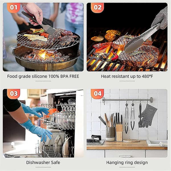 4 stk. Professionelt BBQ Sæt, Med Silikonehandsker og Oliepensel og 9 tommer 12 tommer Grillklemme