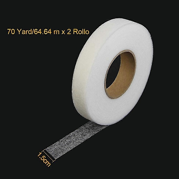 2 Rullar Fållband, 64 meter Självhäftande Strykband 64m*15mm Fållband för Kläder, Byxor, Jeans (Vit)