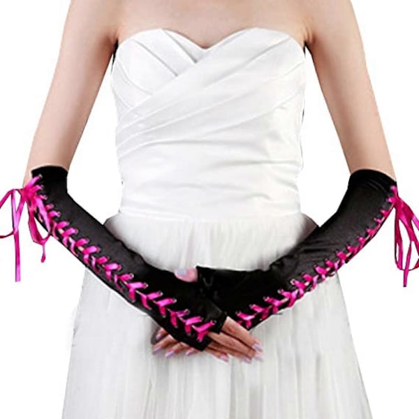 Dame Fingerløse Handsker Albue Snøre Steampunk Kostume Armvarmere, Satin Rose Rød