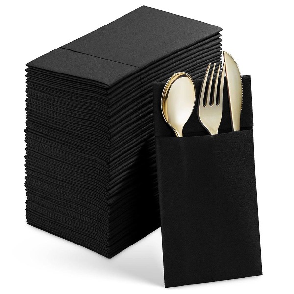 50 kpl kertakäyttöiset lautasliinat, joissa on sisäänrakennettu ruokailuvälinetasku, esitaitetut kangasmaiset paperilautasliinat hääjuhliin musta