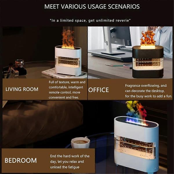Simuleringsflamme Luftfugter Farverig Regn og Ild Aroma Diffuser med 7 Farver og Farverig til Hjem Soveværelse, Sort