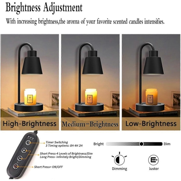 Dæmpbar Lysvarmer Lampe med Timer, Praktisk og Sikker Lyslampe til Duftlys i Glas, Varmelegeme med 2 Pærer, Sort