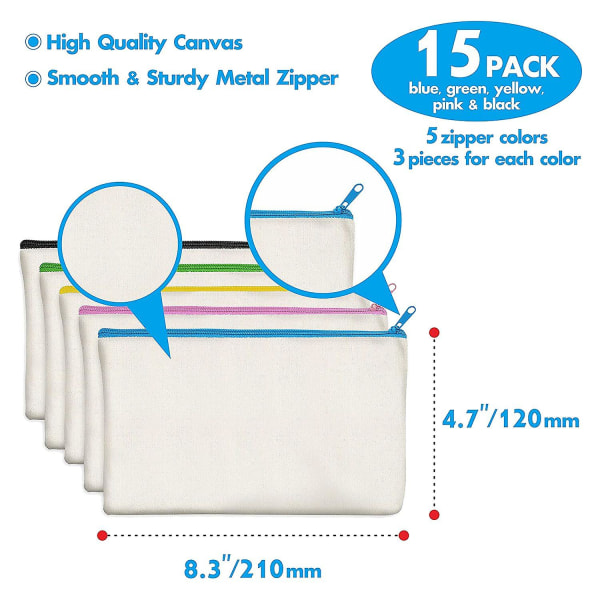 15 pakke blank bomullslerret gjør-det-selv håndverksvesker med glidelås. Blyantveske for sminke Kosmetisk toalettsaker