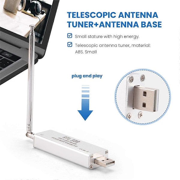 RTL-SDR R820T2 V3 RTL2832U Tuner + Teleskopisk Antenne Tuner + Antennebase